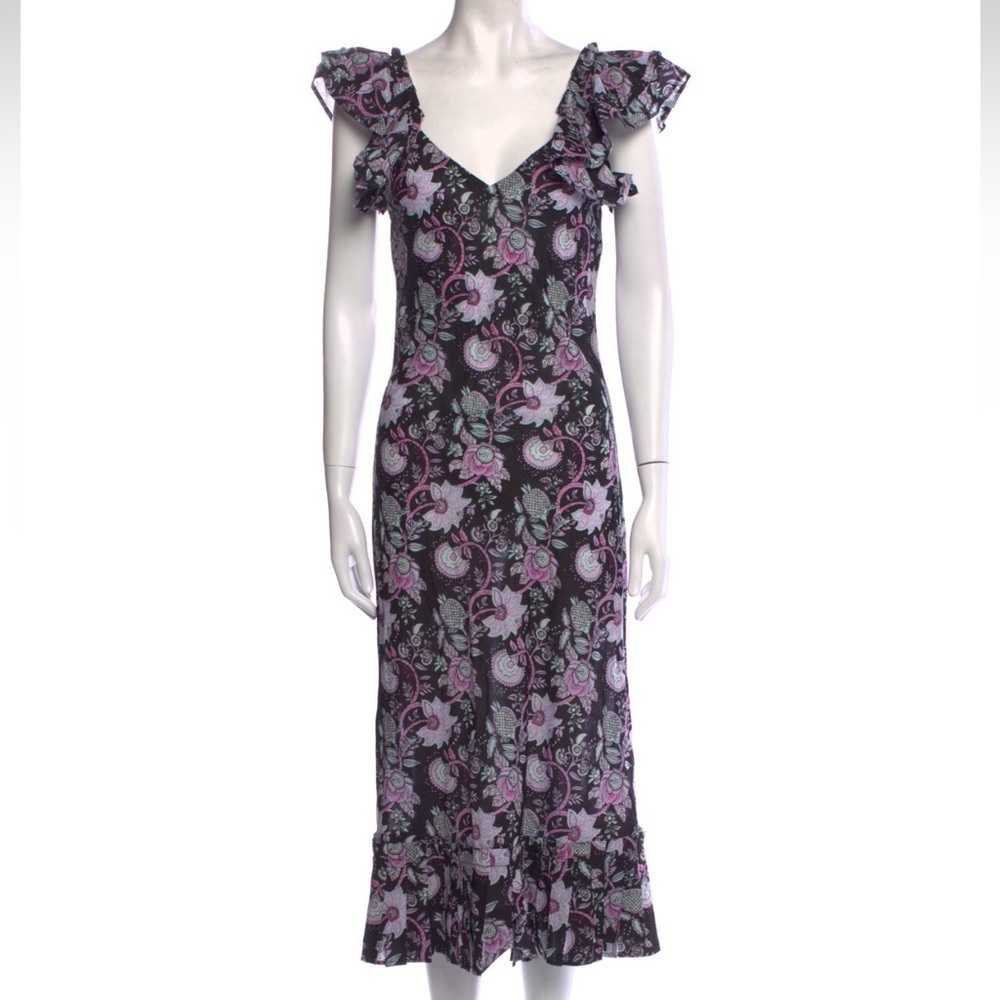 NWT MILLE FLORAL BLACK AND PURPLE RUFFLE V NECK SHORT SLEEVE DRESS